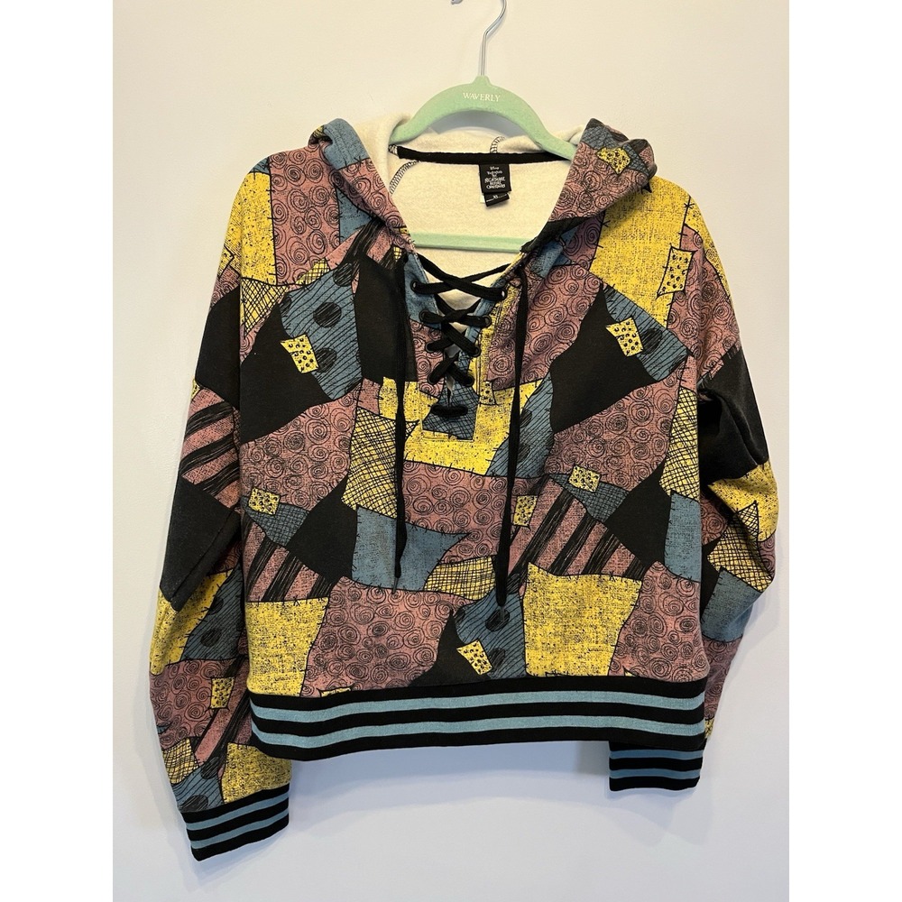 By DISNEY. Lace-Up Patchwork Print Hoodie Sweater - TIM BURTON